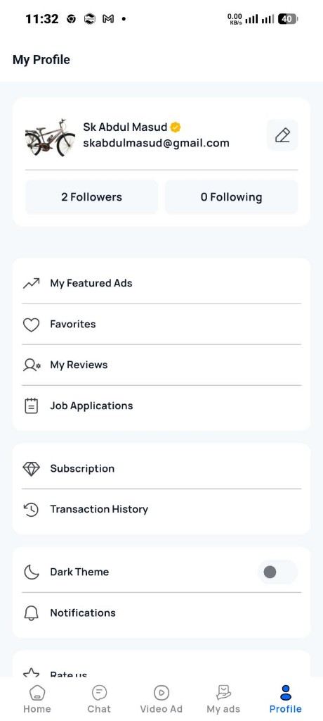 User Profile and Dark Theme Screen